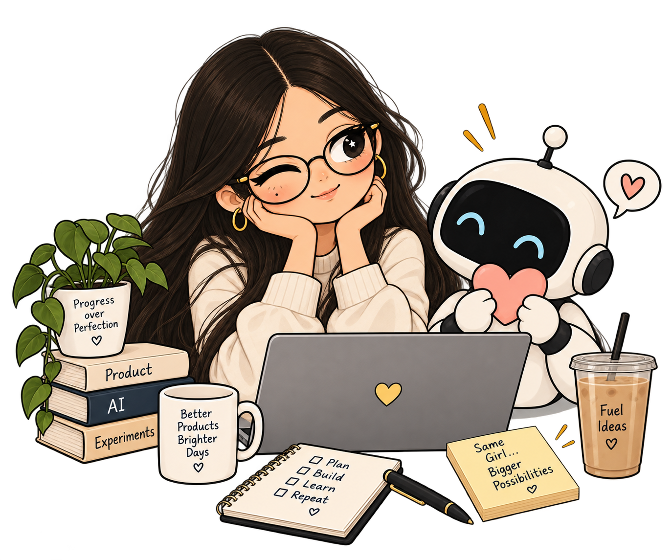 Illustrated Tabassum at her desk with her AI companion