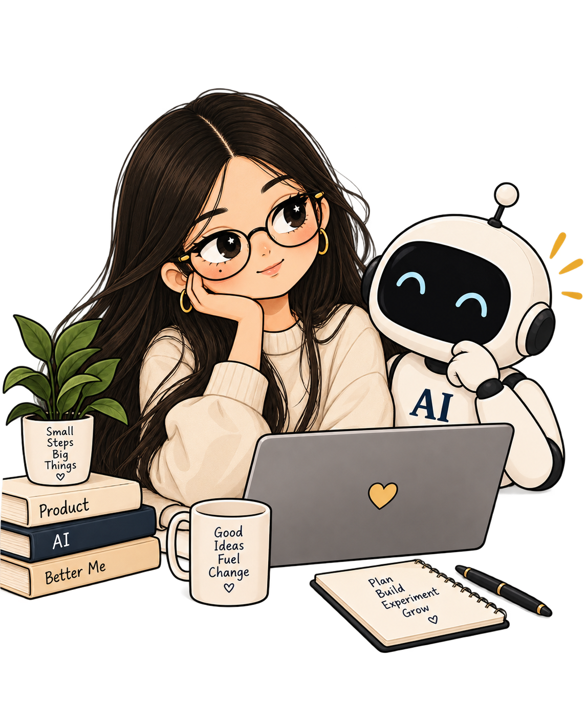 Illustrated Tabassum thinking, with her AI companion